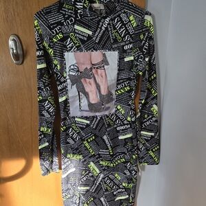 TeenBell Black and Neon Green Graphic Mini Dress